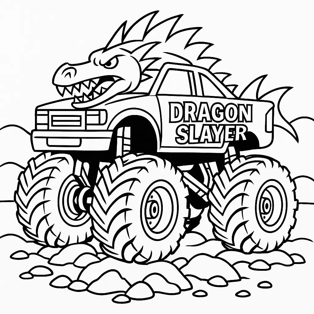 24 MonsterTruck Ausmalbilder (Kostenlose Malvorlagen Drucken) Dragon Slayer Monstertruck Ausmalbild mit Drachenkopf, Stacheln und riesigen Reifen – fantasievolle Malvorlage für Kinder.