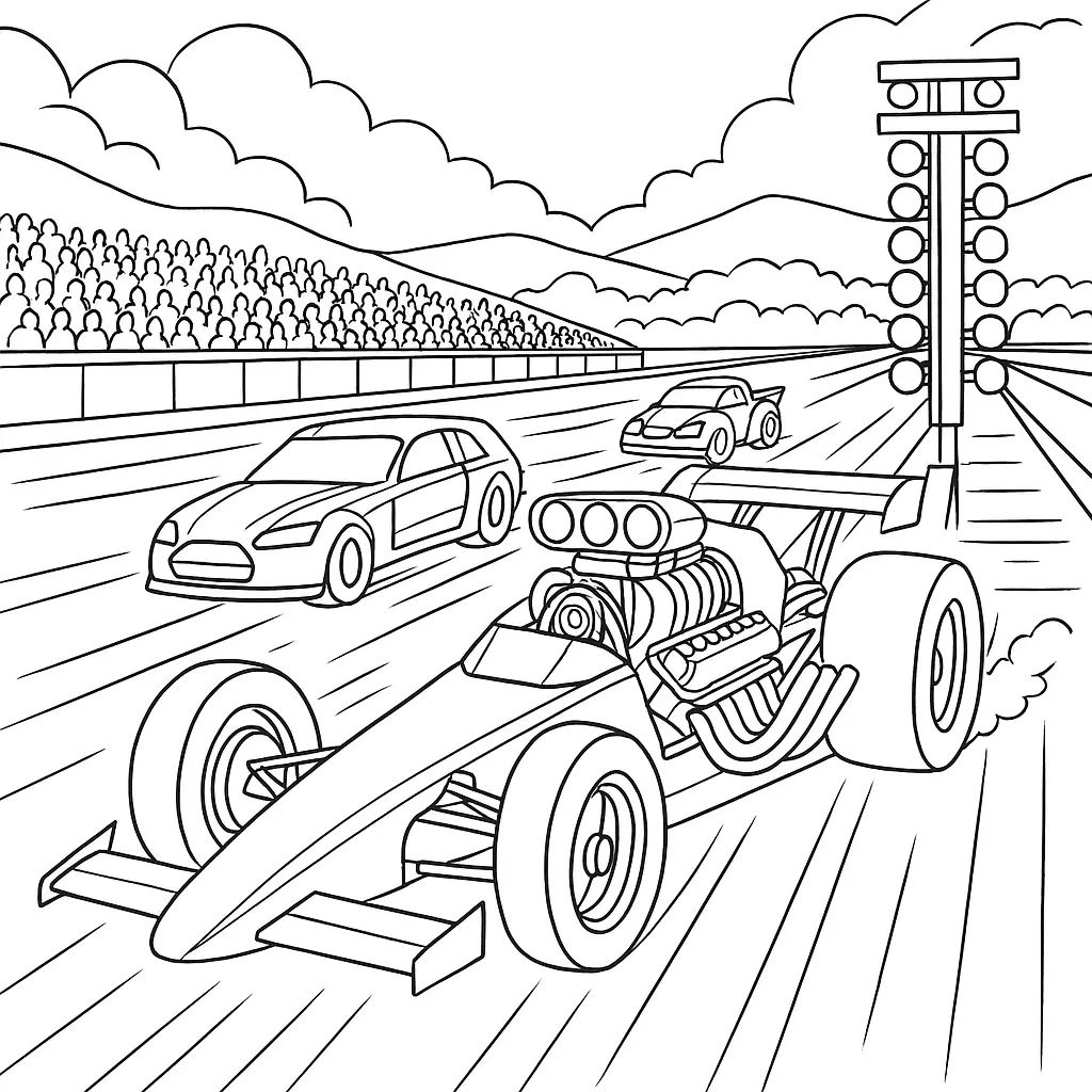 40 Rennautos Ausmalbilder (Kostenlose Malvorlage Drucken) Dragster Auto Ausmalbild – Beschleunigungsrennen mit Dragster auf Rennstrecke und Publikum