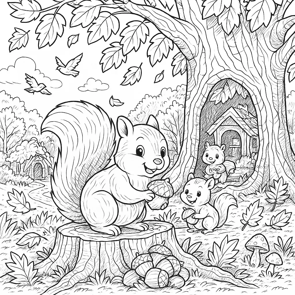 Ausmalbild eines Eichhörnchens auf einem Baum mit Baumrinde, Blättern, Eicheln, Waldhaus und Waldweg im Hintergrund – ideal für Kinder