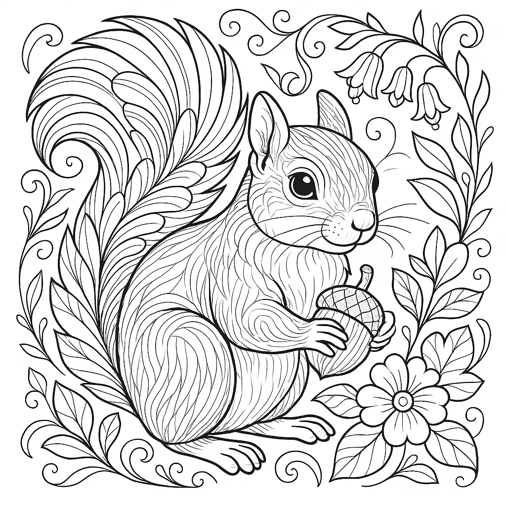 20 Eichhörnchen Ausmalbilder (Kostenlose Malvorlage Drucken) Niedliches Eichhörnchen Ausmalbild mit Eichel, Baum und Blumen im Hintergrund – perfekt für Kinder zum Ausmalen