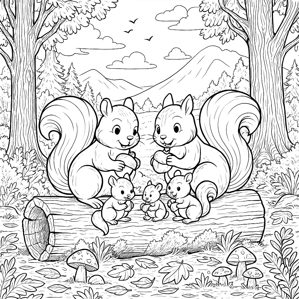 Ausmalbild einer fröhlichen Eichhörnchen-Familie auf einem Baumstamm, umgeben von Wald, Bergen, Blättern, Pilzen und Bäumen – ideal für Kinder