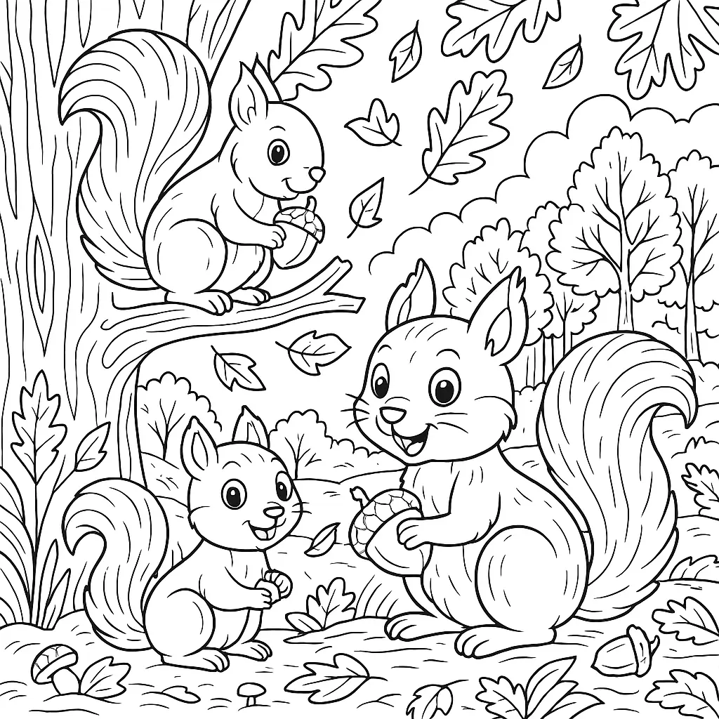 Ausmalbild mit drei Eichhörnchen im herbstlichen Wald – mit fallenden Blättern, Eicheln, Pilzen und Bäumen zum Ausmalen