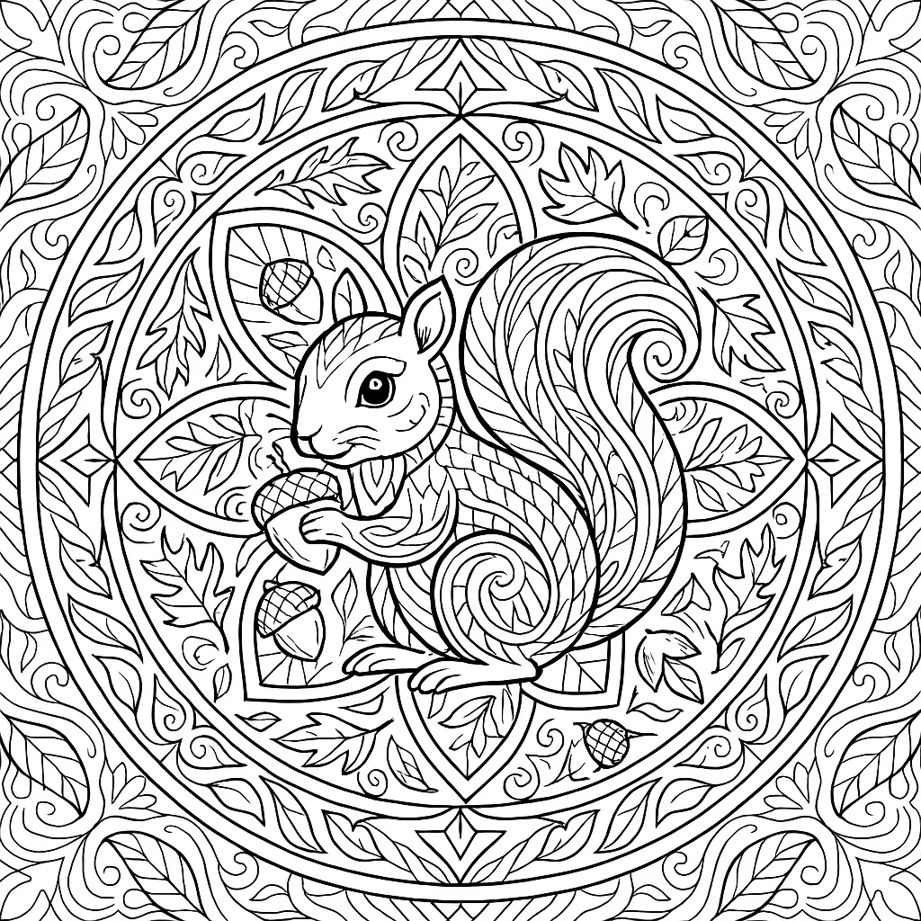 Eichhörnchen Mandala Ausmalbild mit kunstvollen Mustern, Eicheln und Blättern – ideal zum Ausmalen für Erwachsene