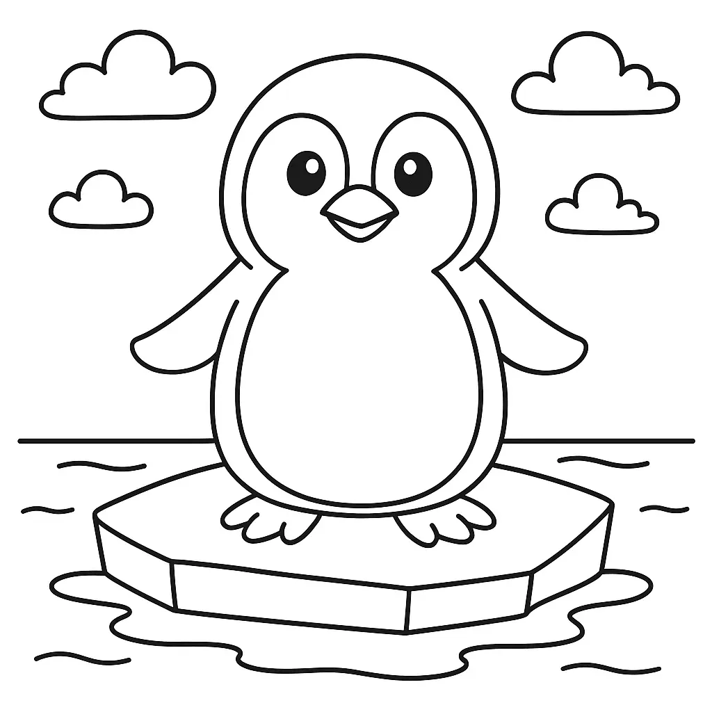  Einfaches Ausmalbild eines fröhlichen Pinguins auf einer Eisscholle für kleine Kinder