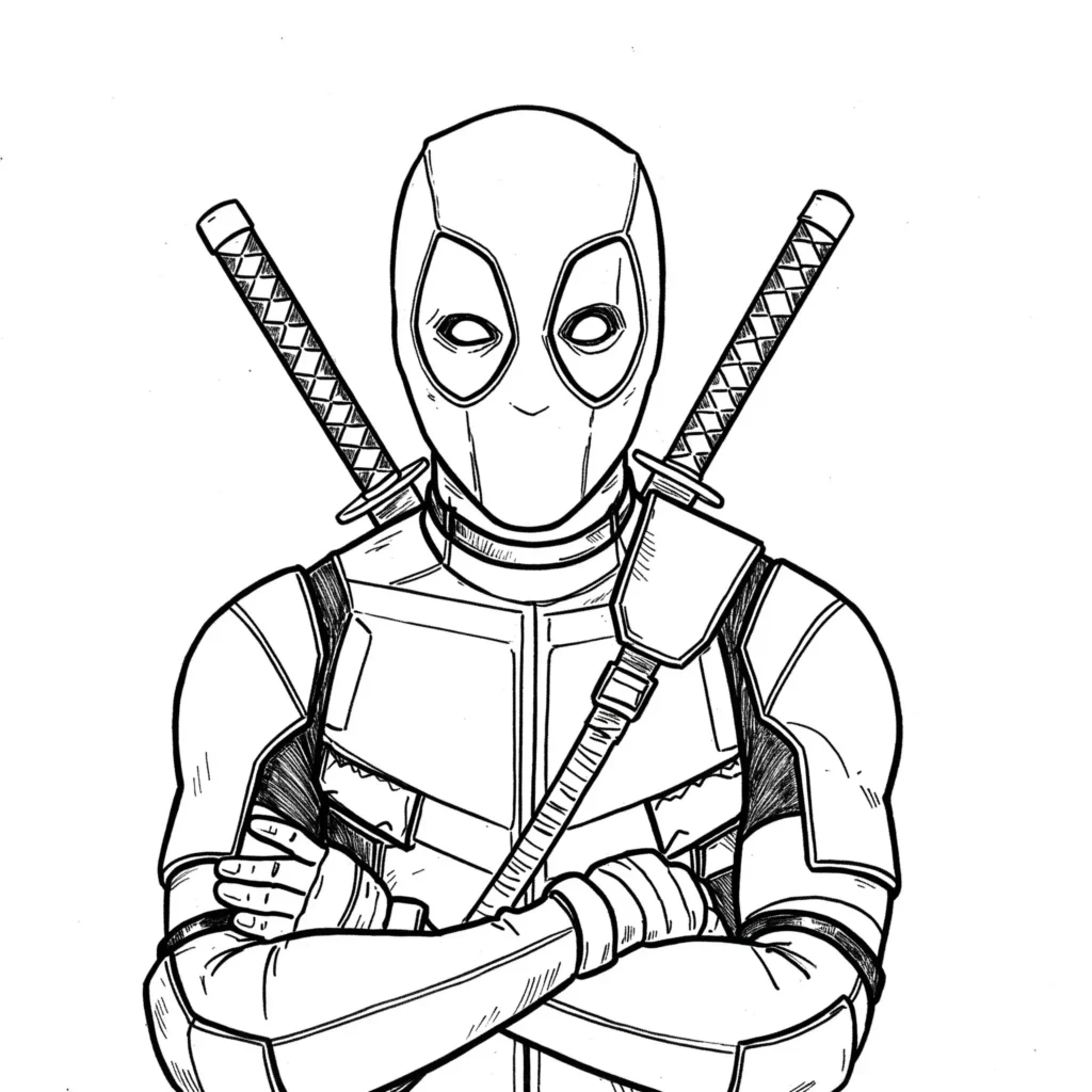 22 Deadpool Ausmalbilder Coole Marvel Malvorlage PDF drucken Einfaches Deadpool Ausmalbild – leichte und kindgerechte Malvorlage von Deadpool zum Ausmalen.