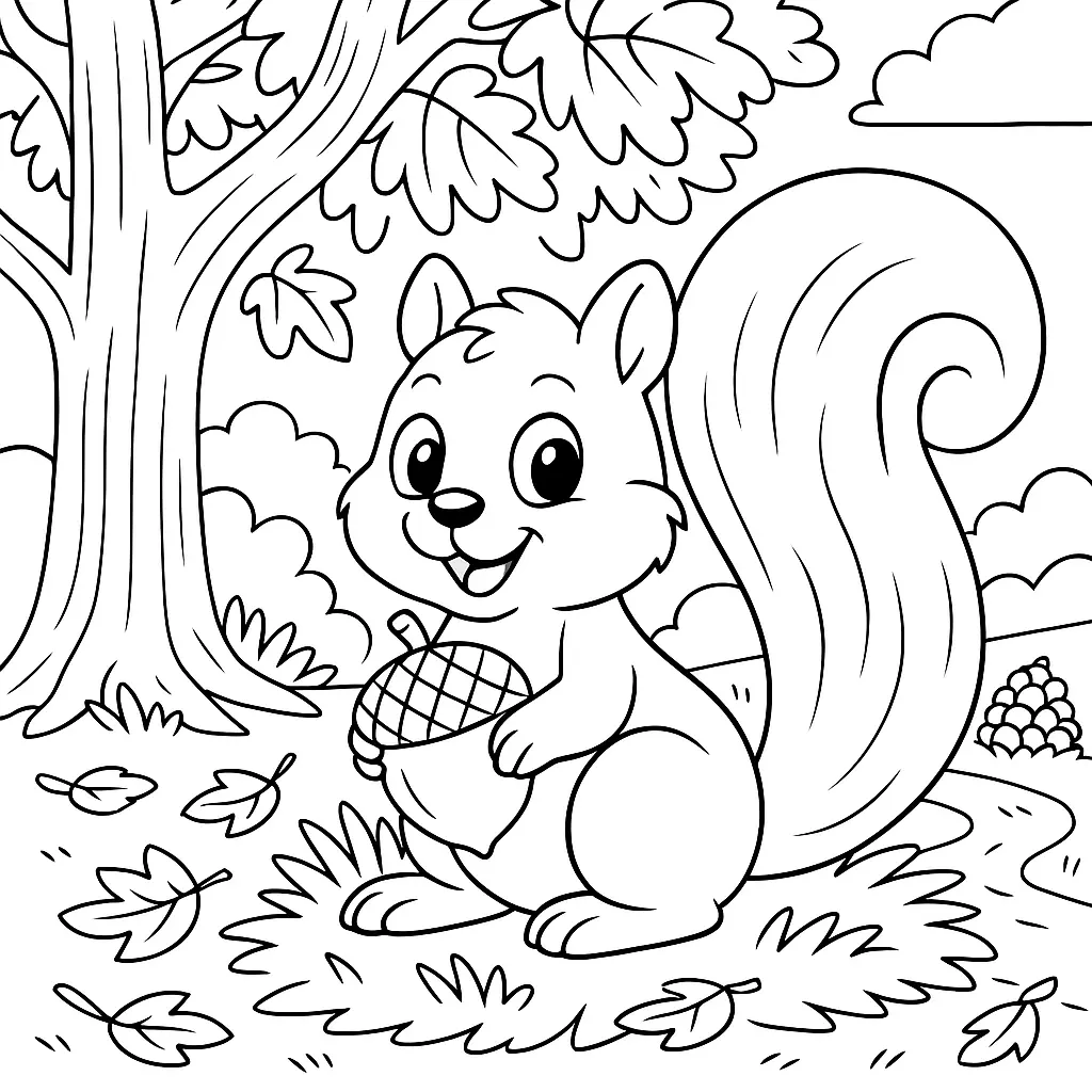 Einfaches Ausmalbild eines lachenden Eichhörnchens mit Eichel auf einer Wiese, mit Baum, Blättern und klaren Linien – perfekt für Kinder
