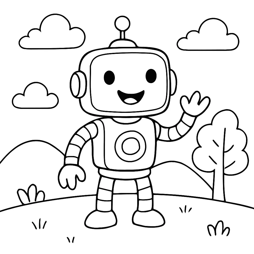 30 Roboter Ausmalbilder (Kostenlose Malvorlage PDF drucken) Einfaches Roboter Ausmalbild für Kinder – lachender Roboter mit Landschaft im Hintergrund