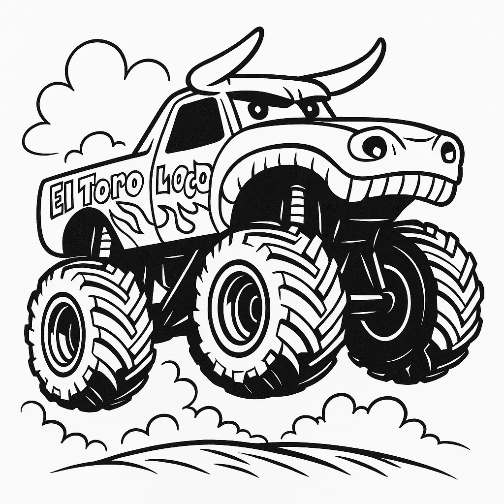 24 MonsterTruck Ausmalbilder (Kostenlose Malvorlagen Drucken) El Toro Loco Monstertruck Ausmalbild mit Flammen, Hörnern und bulligem Design – starke Malvorlage zum Ausdrucken.
