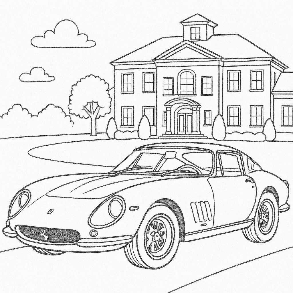 22 Ferrari Ausmalbilder (Malvorlage für Kinder und Erwachsene) Ferrari 275 GTB Ausmalbild – Klassischer Sportwagen vor einer eleganten Villa mit Säulen und Garten.