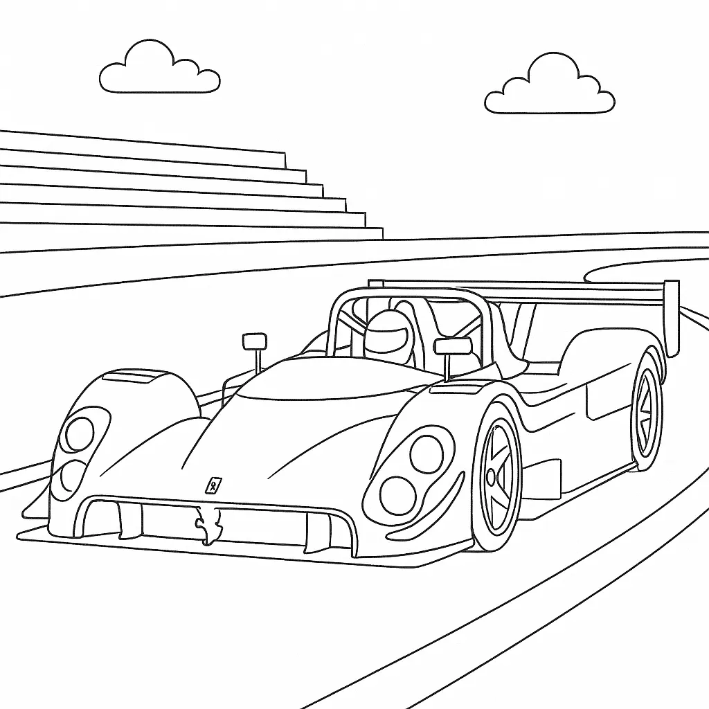 22 Ferrari Ausmalbilder (Malvorlage für Kinder und Erwachsene) Ferrari 333 SP Ausmalbild – Prototyp-Rennwagen auf Rennstrecke mit Tribüne und klaren Linien zum Ausmalen.