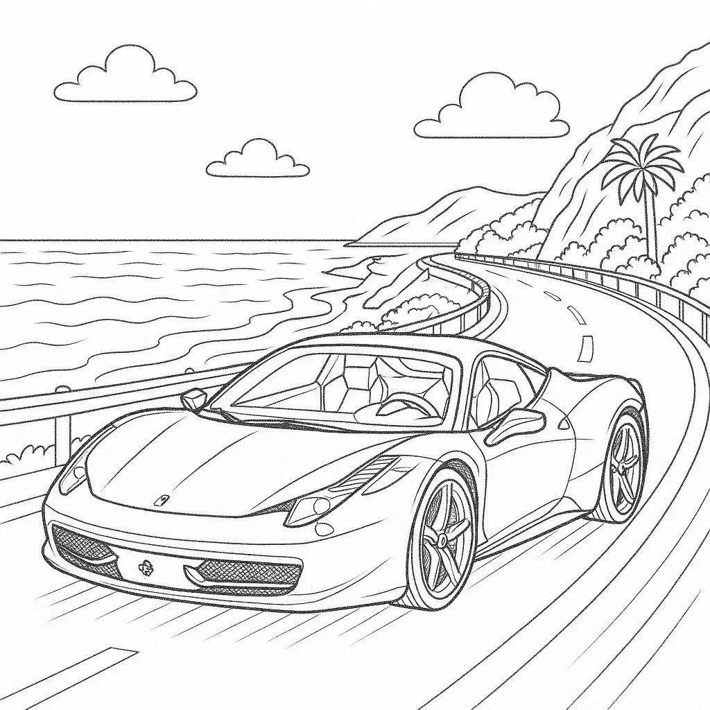 22 Ferrari Ausmalbilder (Malvorlage für Kinder und Erwachsene) Ferrari 458 Ausmalbild – Sportwagen auf einer kurvigen Küstenstraße mit Meer, Palmen und Felsen im Hintergrund.