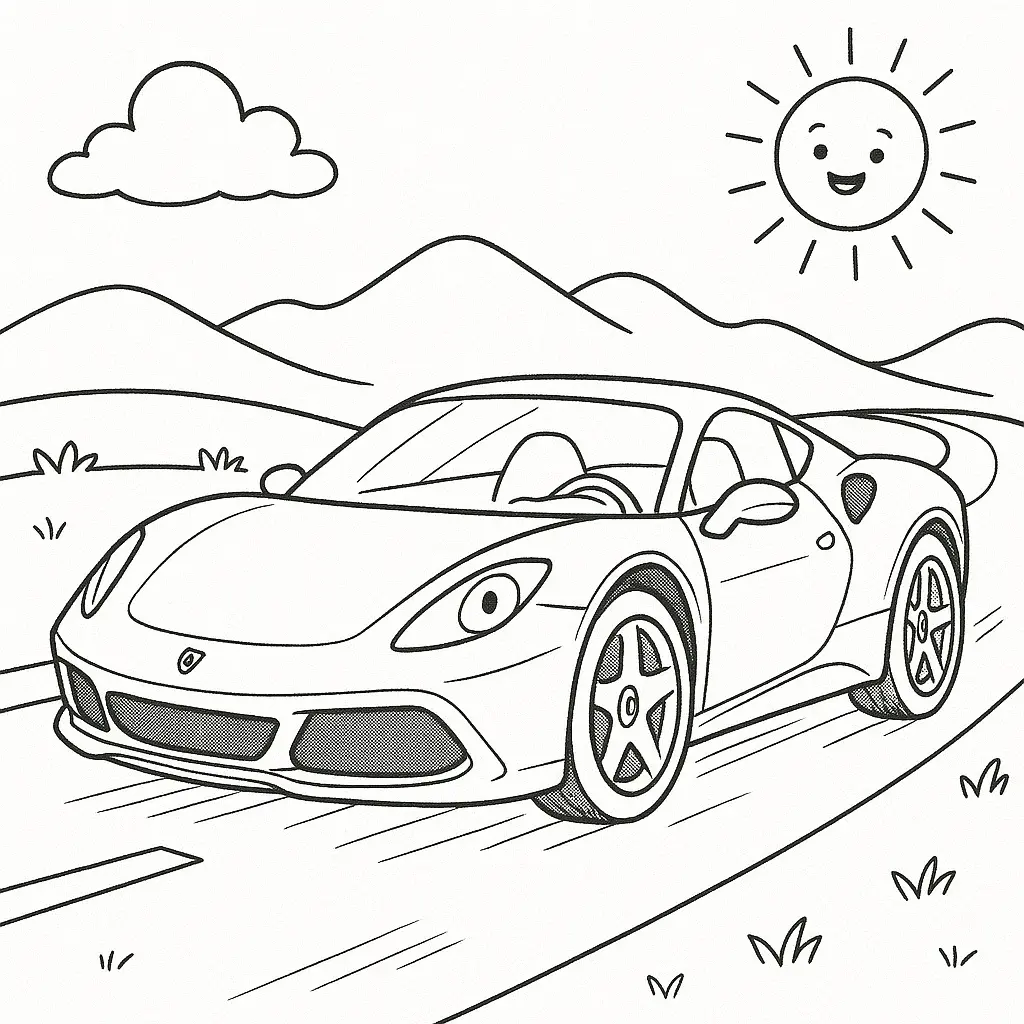 22 Ferrari Ausmalbilder (Malvorlage für Kinder und Erwachsene) Ferrari Ausmalbild für Kinder – lustiges Sportwagen-Motiv mit freundlicher Sonne und Landschaft.