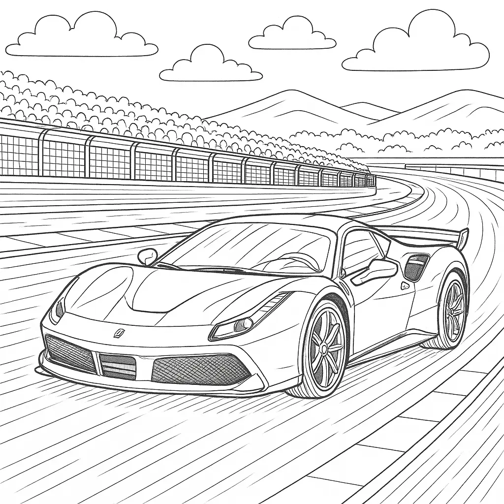 22 Ferrari Ausmalbilder (Malvorlage für Kinder und Erwachsene) Ferrari Ausmalbild – Rennsportwagen auf der Rennstrecke mit Tribünen, Kurve und Bergkulisse im Hintergrund.