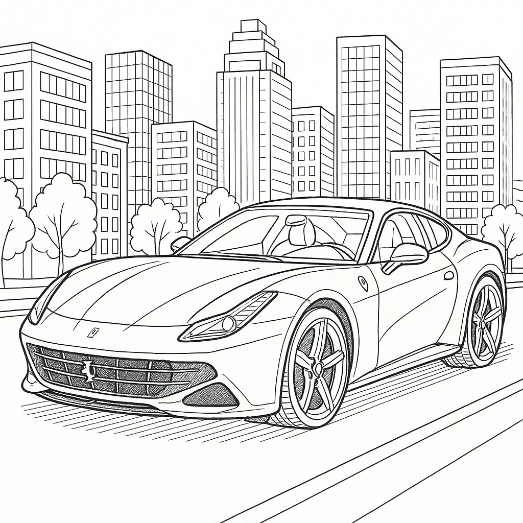 22 Ferrari Ausmalbilder (Malvorlage für Kinder und Erwachsene) Ferrari Ausmalbild mit Stadt-Hintergrund – Sportwagen vor modernen Gebäuden, ideal für Kinder und Autofans.