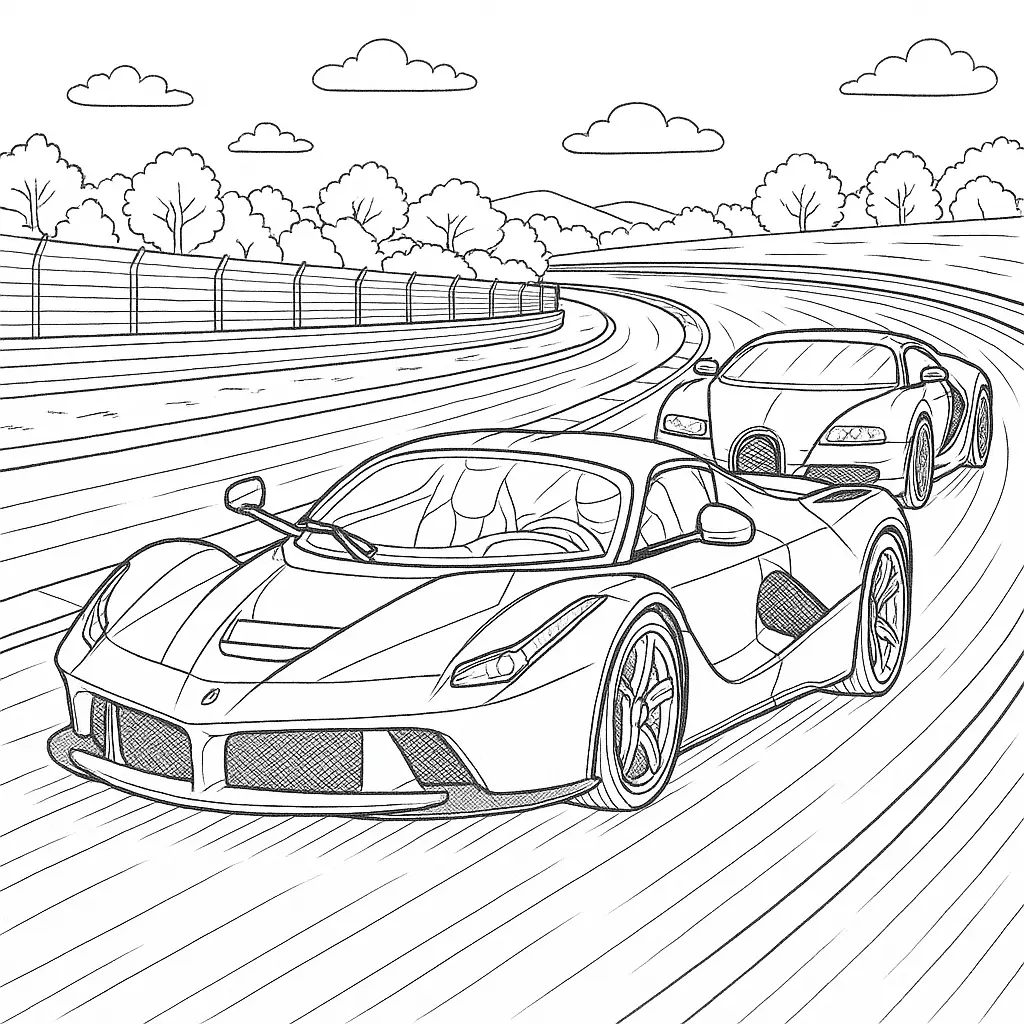 22 Ferrari Ausmalbilder (Malvorlage für Kinder und Erwachsene) Ferrari LaFerrari überholt Bugatti – Ausmalbild mit zwei Supersportwagen auf einer Rennstrecke mit Kurve und Hintergrundlandschaft.