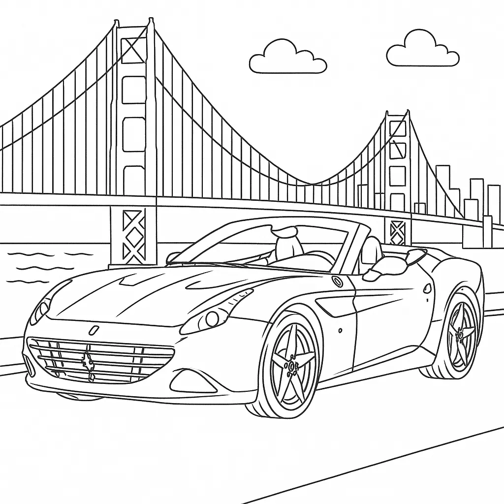 22 Ferrari Ausmalbilder (Malvorlage für Kinder und Erwachsene) Dieses Ausmalbild zeigt den Ferrari California T Cabrio vor einer berühmten Brücke mit städtischem Hintergrund. Klare Linien und markantes Design machen es zu einer spannenden Malvorlage für Autofans.