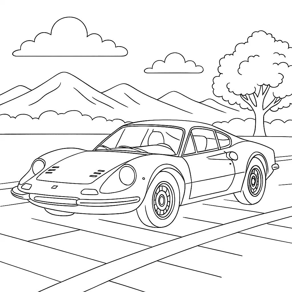 22 Ferrari Ausmalbilder (Malvorlage für Kinder und Erwachsene) Ferrari Dino 246 GT Ausmalbild – Klassischer Sportwagen auf Pflastersteinen mit Bergen und Natur im Hintergrund.