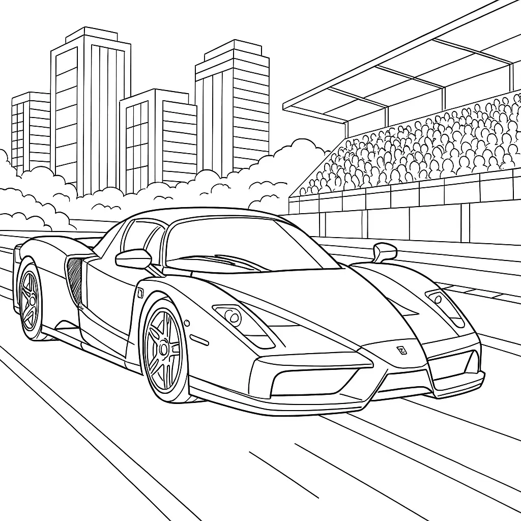 40 Rennautos Ausmalbilder (Kostenlose Malvorlage Drucken) Ferrari Enzo Ausmalbild – Rennwagen auf der Straße mit Zuschauern und Hochhäusern