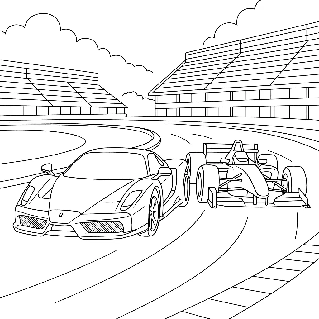 22 Ferrari Ausmalbilder (Malvorlage für Kinder und Erwachsene) Ferrari Enzo Ausmalbild – Szene mit Formel-1-Rennwagen beim Überholen auf einer Rennstrecke mit Tribünen und Kurve.