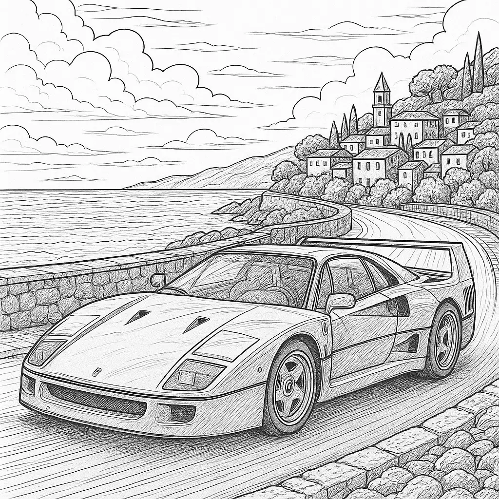 22 Ferrari Ausmalbilder (Malvorlage für Kinder und Erwachsene) Ferrari F40 Ausmalbild – Sportwagen auf Küstenstraße mit mediterraner Stadt und Meer im Hintergrund.