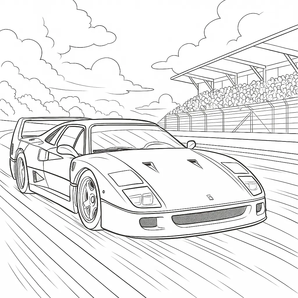40 Rennautos Ausmalbilder (Kostenlose Malvorlage Drucken) Ferrari F40 Ausmalbild – Supersportwagen auf Rennstrecke mit Tribüne im Hintergrund