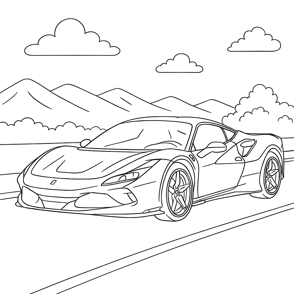 22 Ferrari Ausmalbilder (Malvorlage für Kinder und Erwachsene) Ferrari F8 Tributo Ausmalbild – Moderner Supersportwagen auf Landstraße mit Hügeln und Wolken im Hintergrund.