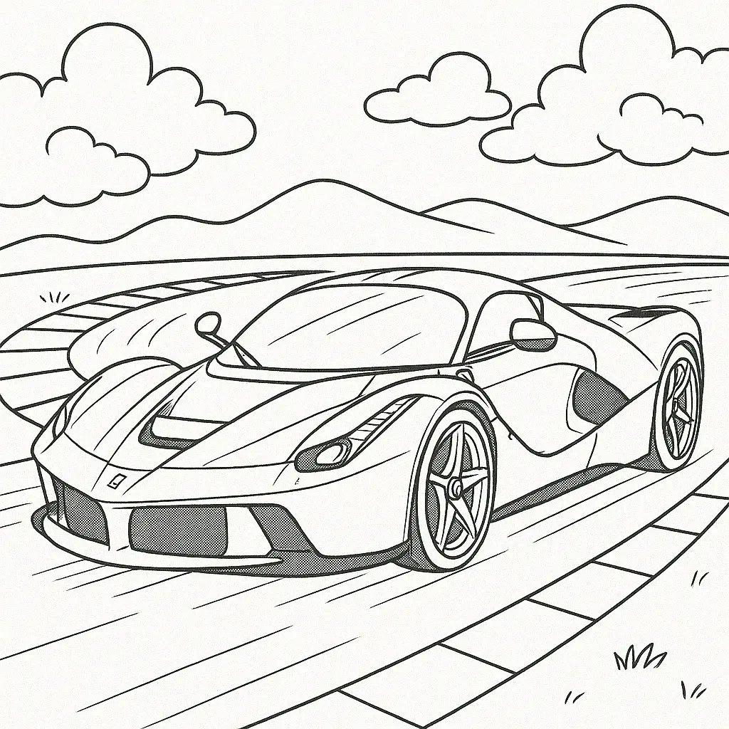 22 Ferrari Ausmalbilder (Malvorlage für Kinder und Erwachsene) Ferrari LaFerrari Ausmalbild – Detailliertes Hypercar auf einer kurvigen Rennstrecke mit Hügellandschaft und Wolken.