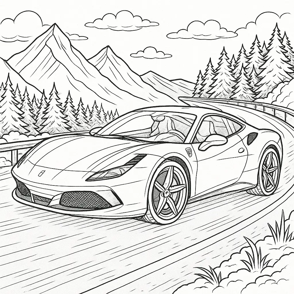 22 Ferrari Ausmalbilder (Malvorlage für Kinder und Erwachsene) Ferrari Malvorlage – Sportwagen auf kurviger Bergstraße mit Alpen, Tannen und Wolken im Hintergrund.