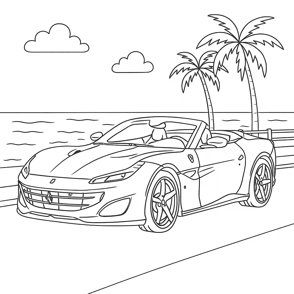 22 Ferrari Ausmalbilder (Malvorlage für Kinder und Erwachsene) Ferrari Portofino Ausmalbild – Cabrio-Sportwagen am Meer mit Palmen, Wellen und klarer Linienführung.