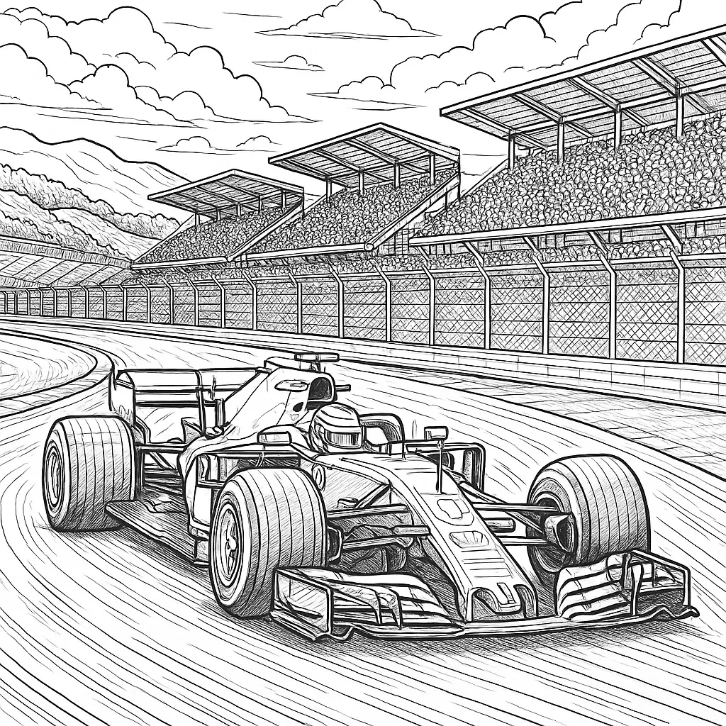 22 Ferrari Ausmalbilder (Malvorlage für Kinder und Erwachsene) Ferrari Rennauto Ausmalbild – Formel-1-Fahrzeug auf Rennstrecke mit Tribüne, Zuschauern und Gebirgslandschaft im Hintergrund.