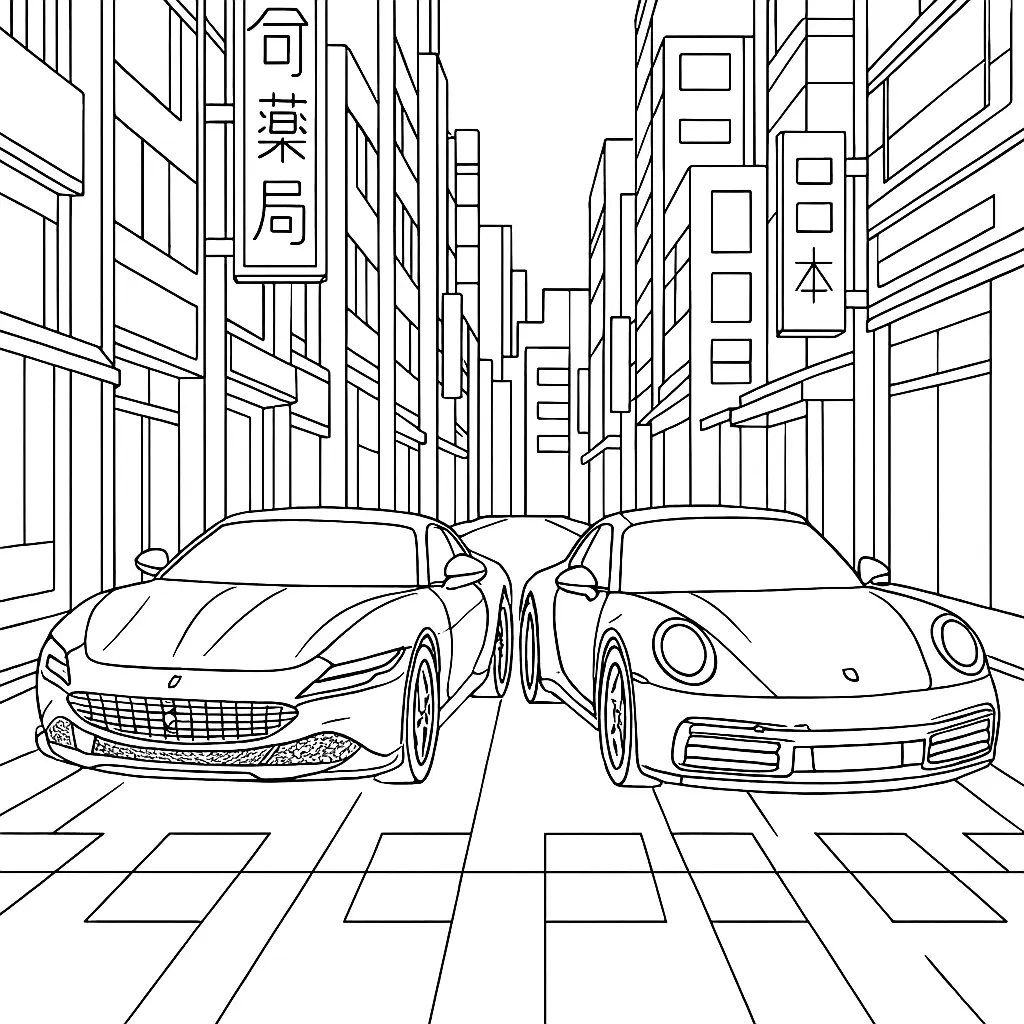 22 Ferrari Ausmalbilder (Malvorlage für Kinder und Erwachsene) Ferrari Roma und Porsche 911 Ausmalbild – Zwei Sportwagen nebeneinander auf einer sauberen Tokio-Straße mit japanischen Schildern und Gebäuden.