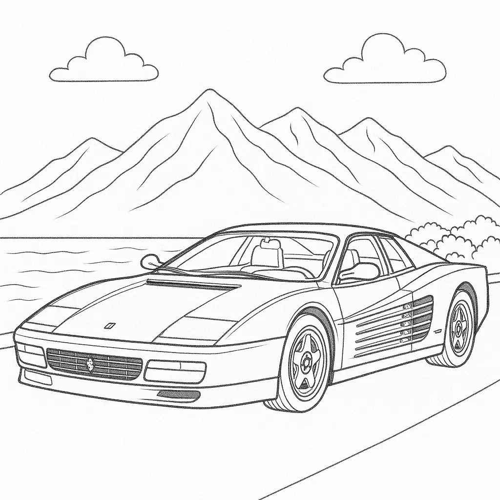 22 Ferrari Ausmalbilder (Malvorlage für Kinder und Erwachsene) Ferrari Testarossa Ausmalbild – Klassischer Sportwagen mit Alpen im Hintergrund und klaren Linien zum Ausmalen.
