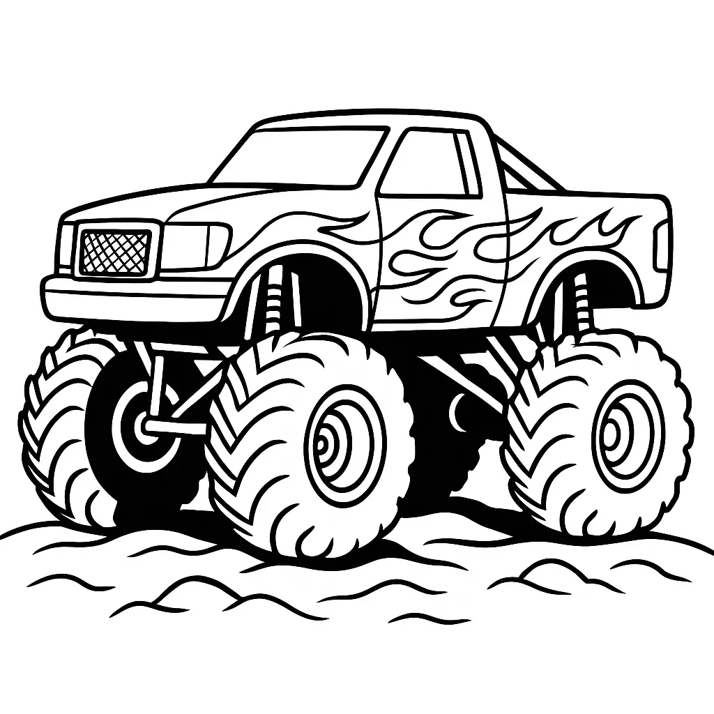 24 MonsterTruck Ausmalbilder (Kostenlose Malvorlagen Drucken) Feuer Monstertruck Ausmalbild mit Flammen-Design und riesigen Reifen – kraftvolle Malvorlage für Kinder.