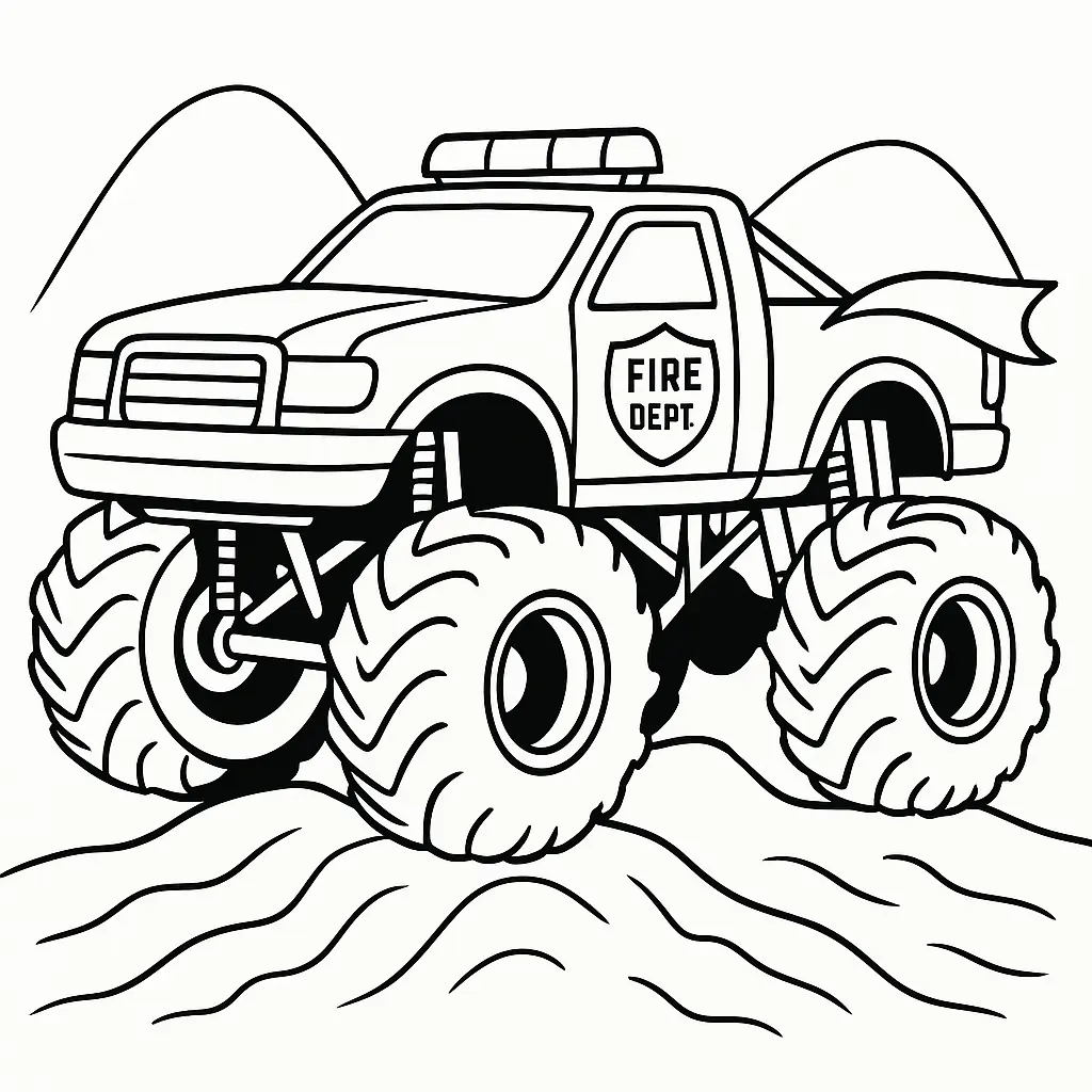 24 MonsterTruck Ausmalbilder (Kostenlose Malvorlagen Drucken) Feuerwehr Monstertruck Ausmalbild mit Schildsymbol und riesigen Reifen – spannende Malvorlage für Kinder zum Ausdrucken