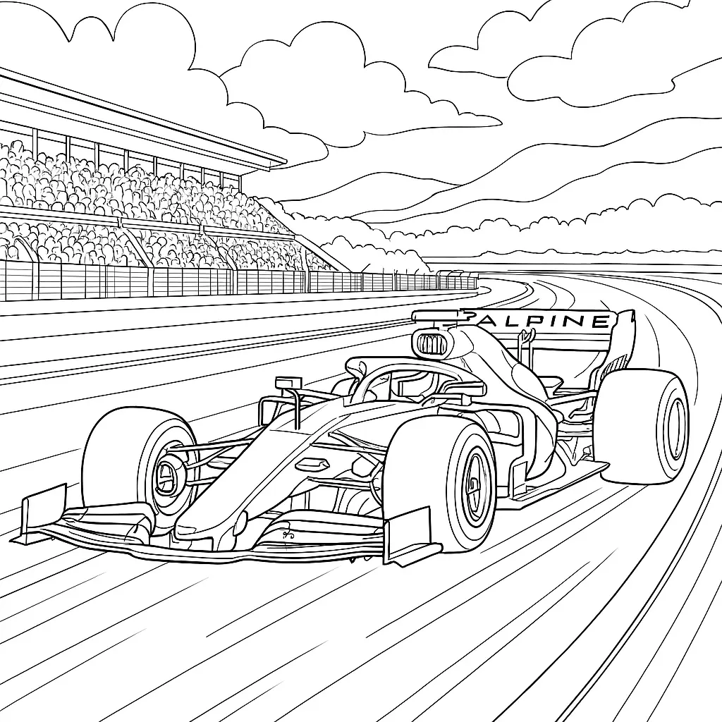 40 Rennautos Ausmalbilder (Kostenlose Malvorlage Drucken) Formel 1 Alpine Ausmalbild – F1-Rennwagen auf Rennstrecke mit Zuschauern