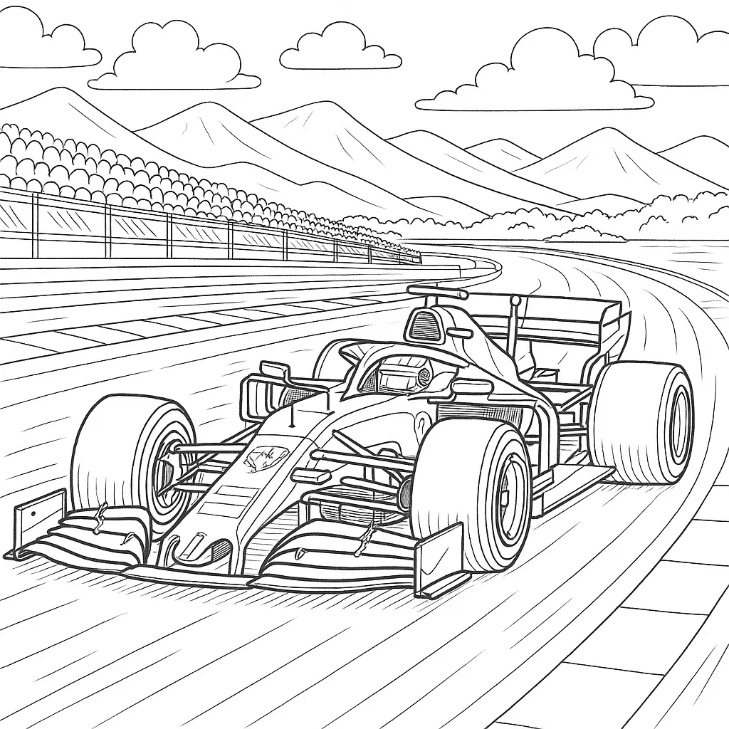 22 Ferrari Ausmalbilder (Malvorlage für Kinder und Erwachsene) Formel 1 Ferrari Ausmalbild – Detailliertes Rennfahrzeug auf der Strecke mit Tribünen, Bergen und sauberem Linienstil