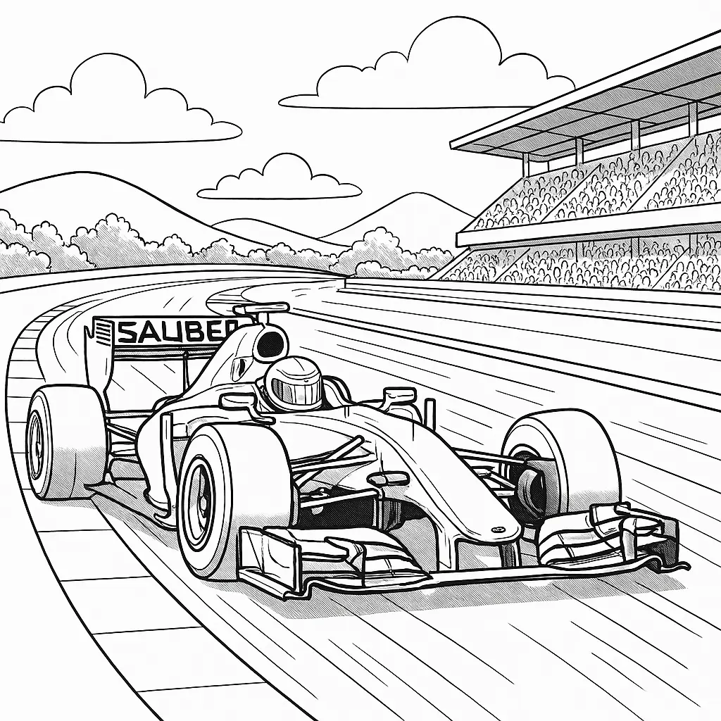 40 Rennautos Ausmalbilder (Kostenlose Malvorlage Drucken) Sauber Formel 1 Ausmalbild – Rennauto auf der Strecke mit Tribüne und Bergen