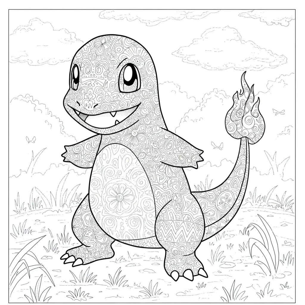 Glumanda Malvorlage – Pokémon im Wald stehend zum Ausmalen