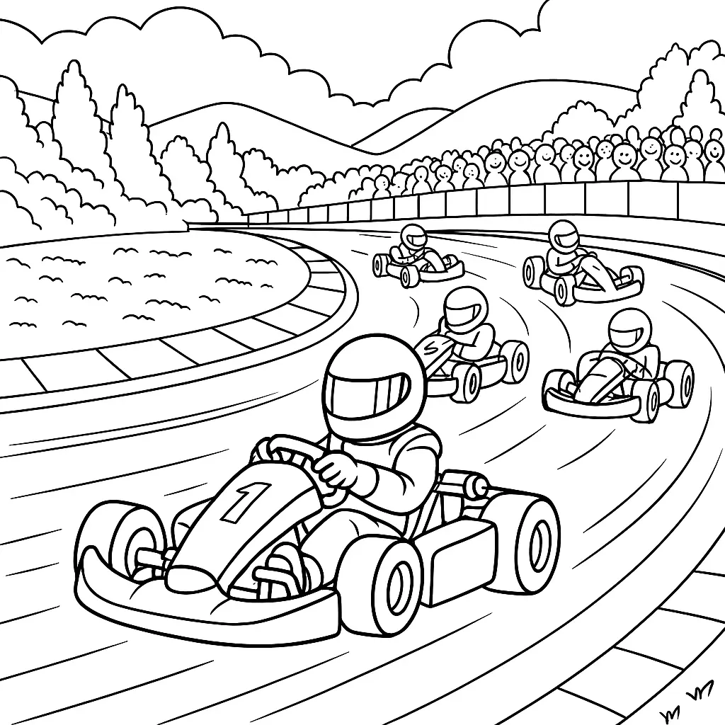 40 Rennautos Ausmalbilder (Kostenlose Malvorlage Drucken) Go-Kart-Rennen Ausmalbild – Kartfahrer auf Rennstrecke mit Zuschauern und Hügeln