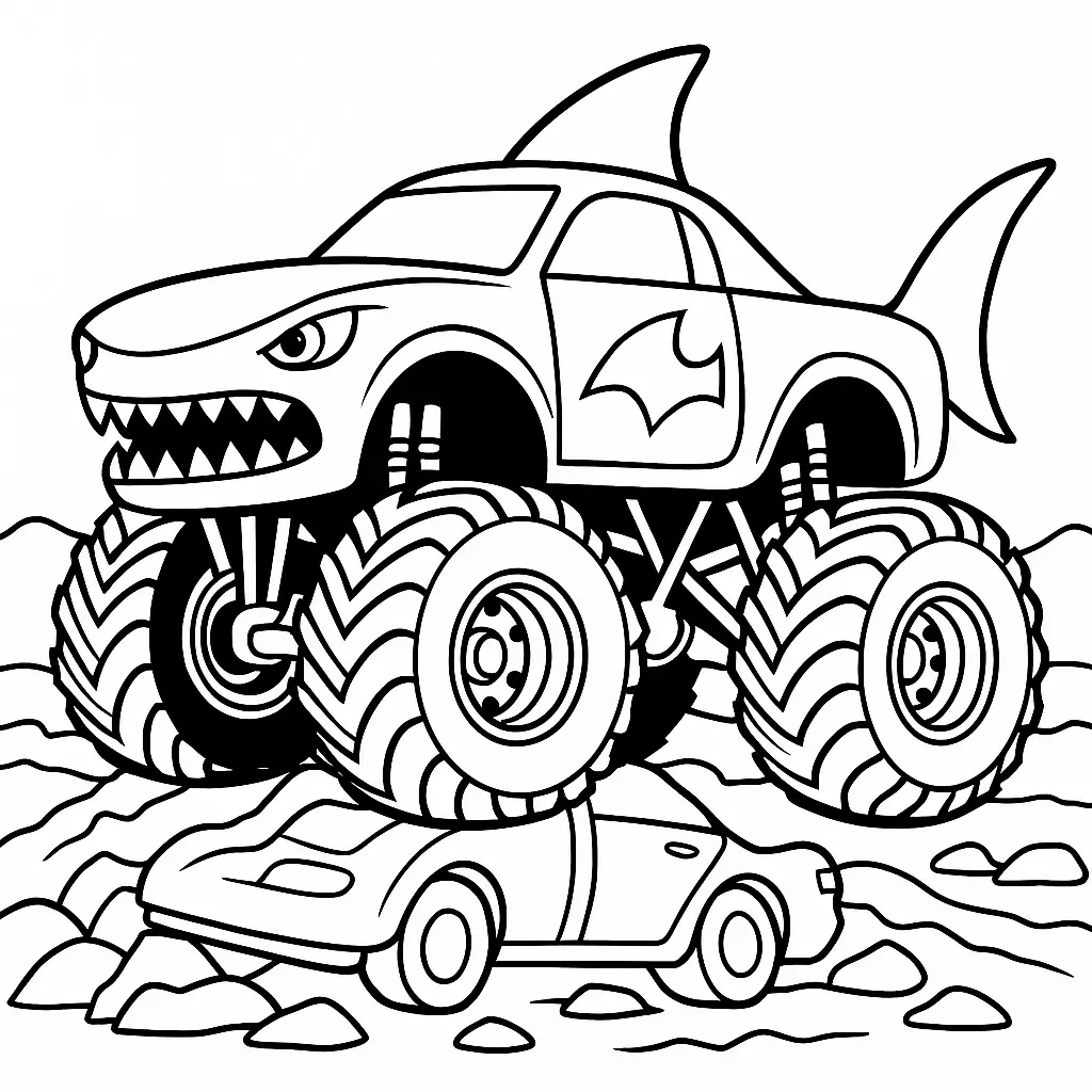 24 MonsterTruck Ausmalbilder (Kostenlose Malvorlagen Drucken) Hai Monstertruck Ausmalbild mit scharfen Zähnen, Rückenflosse und riesigen Reifen – kreative Malvorlage für Kinder.