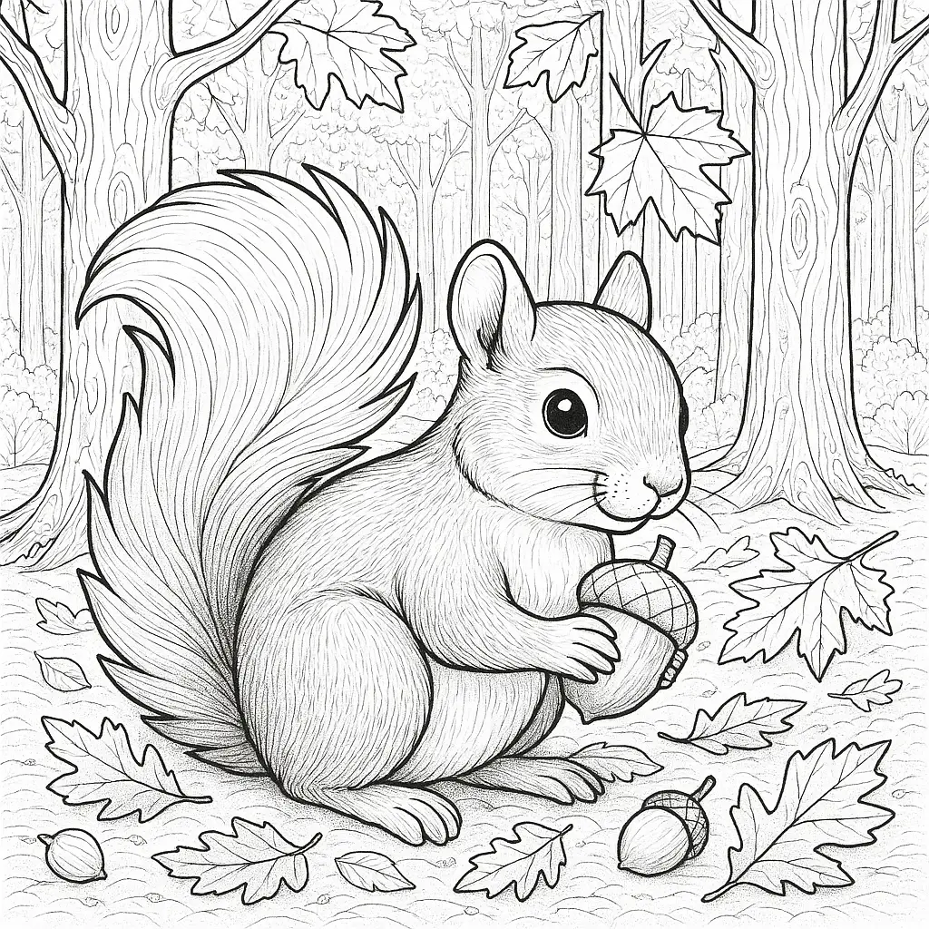 Herbstliches Eichhörnchen Ausmalbild mit Eichel, Kürbis, fallenden Blättern, Pilz und Waldlandschaft – perfekt für Kinder