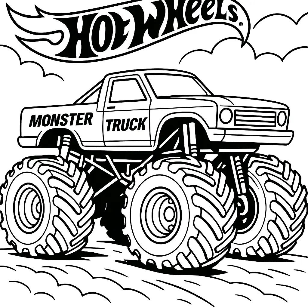 24 MonsterTruck Ausmalbilder (Kostenlose Malvorlagen Drucken) Ausmalbild eines Hot Wheels Monstertrucks mit riesigen Reifen und markantem Design auf unebenem Gelände