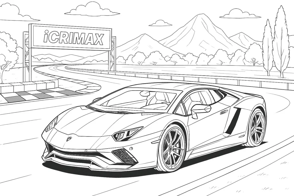 iCrimax Lamborghini Ausmalbild mit Rennstrecke, Ziellinie, Bergen und Bäumen – detaillierte Malvorlage für Kinder und Autofans.
