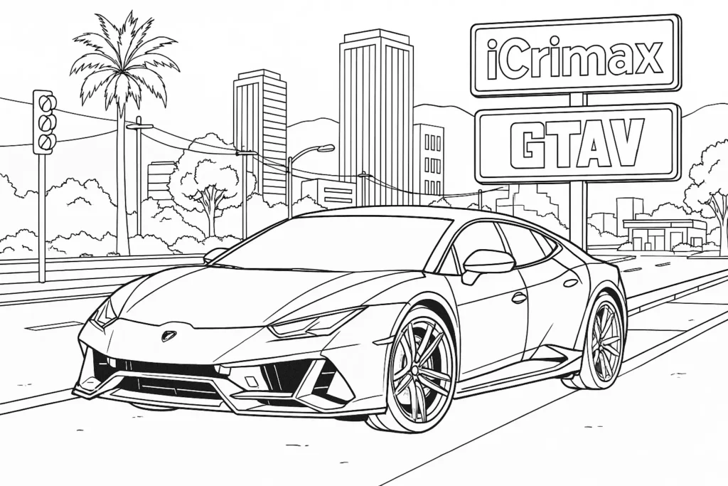 iCrimax Lamborghini Ausmalbild mit GTA 5 Atmosphäre – Sportwagen auf Straße mit Palmen, Hochhäusern und Stadtzeichen.