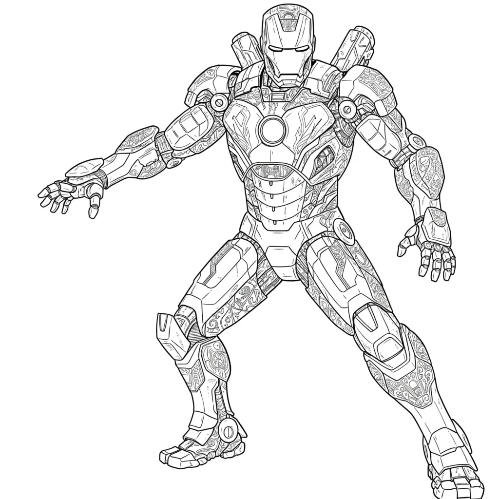 30 Roboter Ausmalbilder (Kostenlose Malvorlage PDF drucken) Iron Man Roboter Ausmalbild – Superheld im Technikstil zum Ausmalen