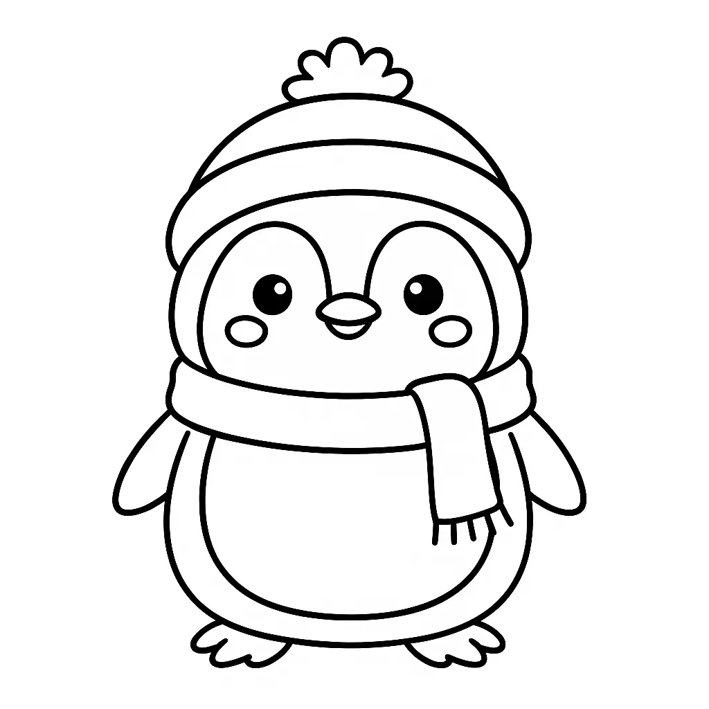 Kawaii Pinguin Ausmalbild mit Mütze und Schal – super süß und einfach zu kolorieren