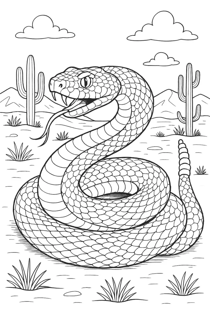 Klapperschlange Ausmalbild mit detaillierten Schuppen und typischer Rassel – perfekt für kleine und große Reptilienfans