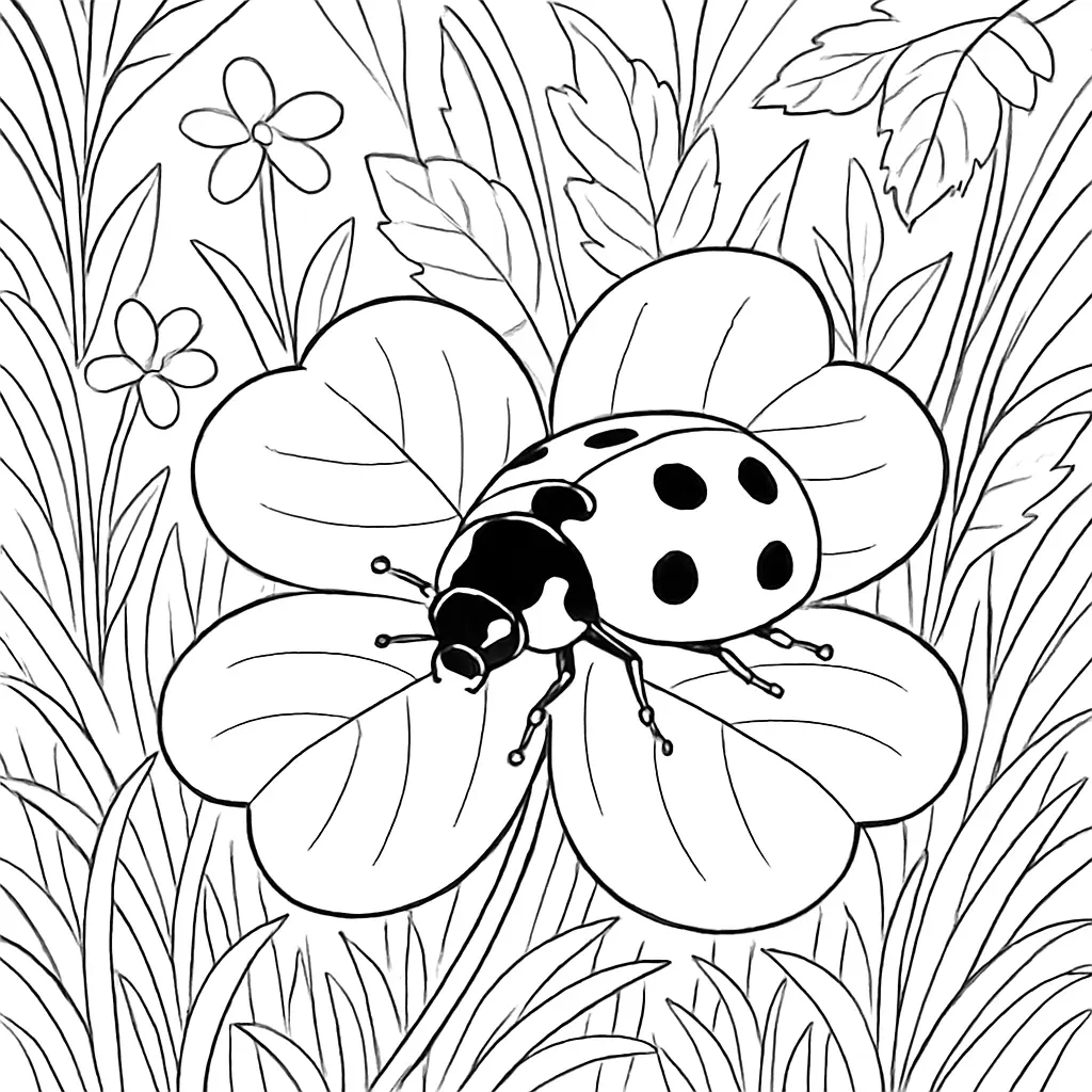 Ausmalbild mit Marienkäfer auf einem großen Kleeblatt inmitten von Blumen und Gras – perfekt für Kinder.