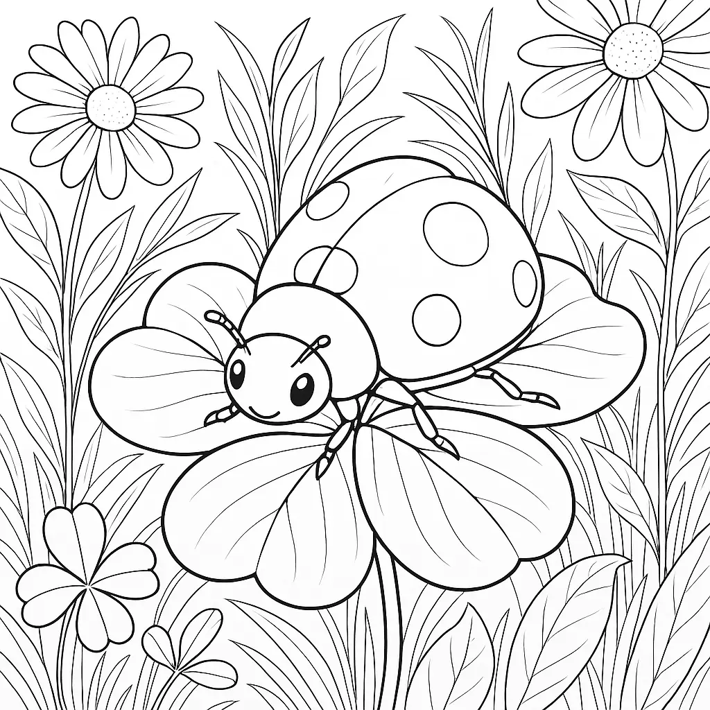 Ausmalbild mit kleinem Marienkäfer auf einem Kleeblatt – ideal für Kinder zum Ausdrucken und Ausmalen.