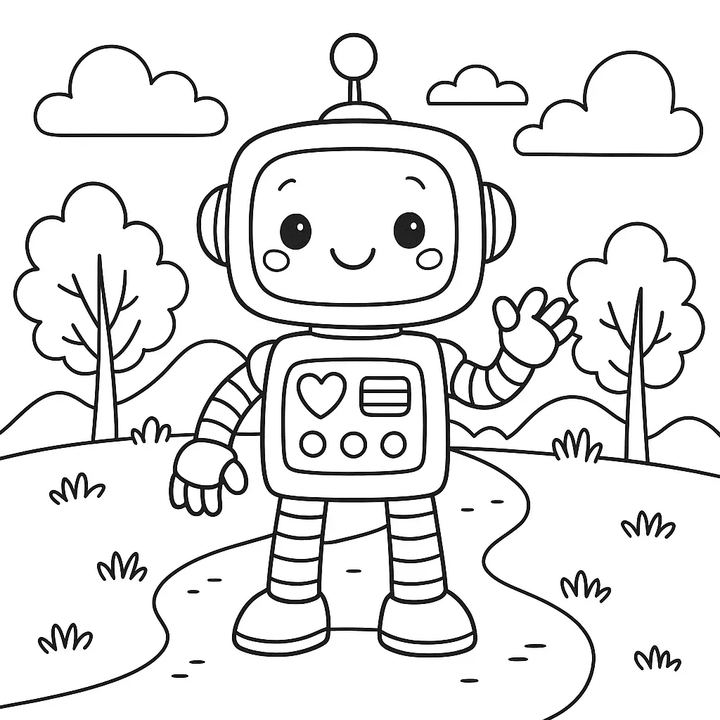 30 Roboter Ausmalbilder (Kostenlose Malvorlage PDF drucken) Niedliches Roboter Ausmalbild für Kinder – kleiner Roboter mit Herzsymbol in Naturkulisse